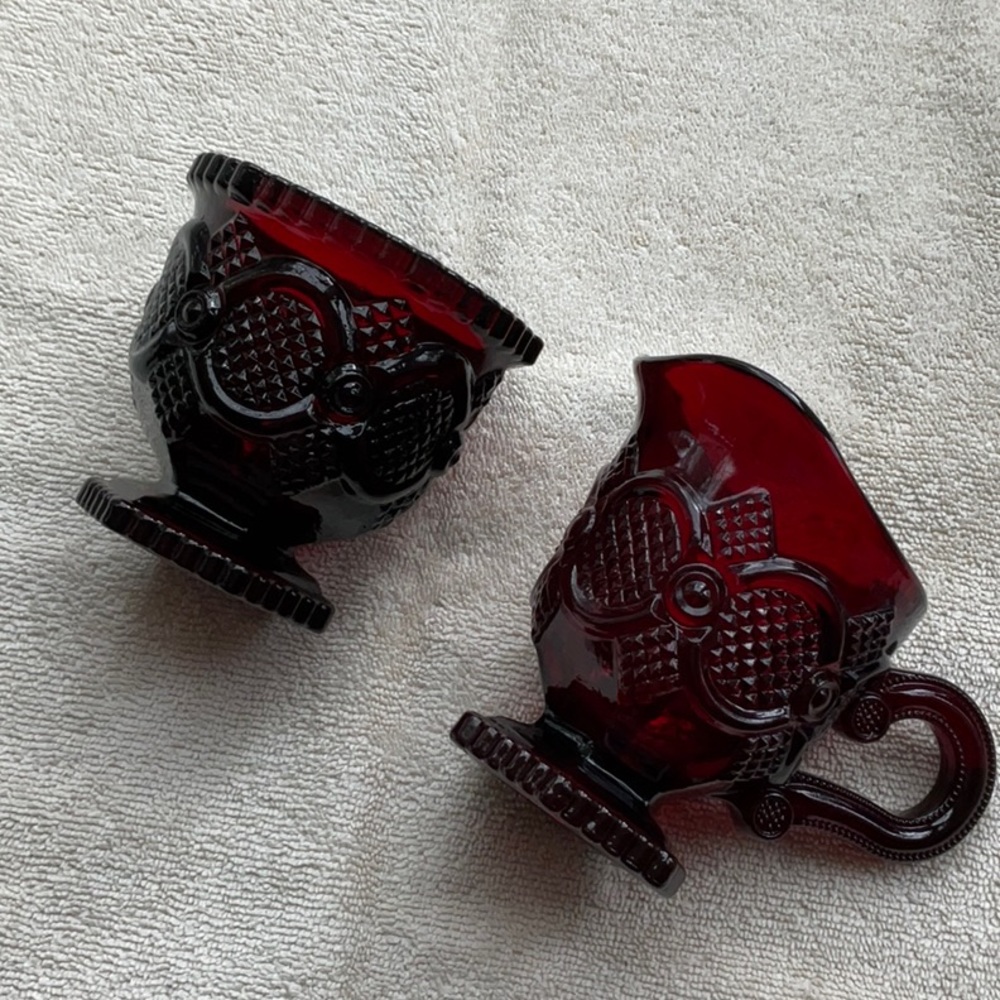 Avon 1876 Cape Cod Ruby Red Glass Creamer & Sugar Set
